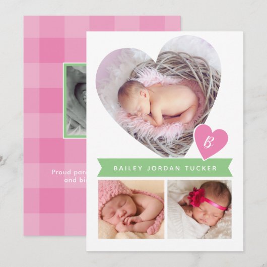 Foto Collage Roze Groene Baby Girl Birth Aankondiging (Voorkant / Achterkant)