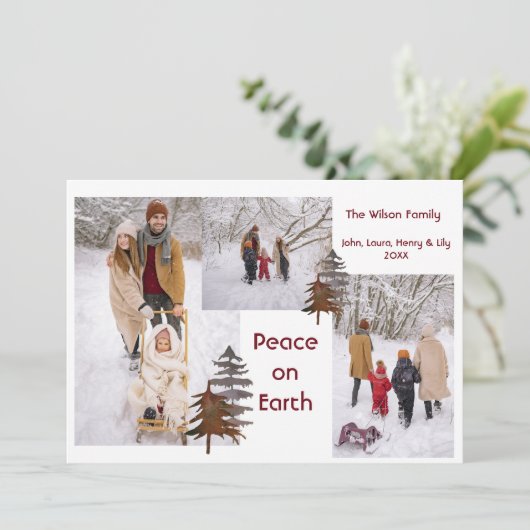 Foto: Collage Rustic Snow Outdoor Peace on Earth Feestdagenkaart (Staand voorkant)