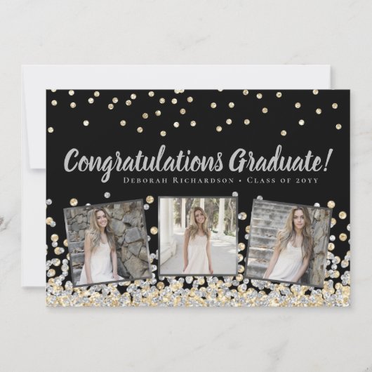 Foto Collage Silver Gold Confetti Afstuderen Kaart (Voorkant)