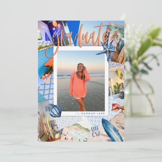 Foto Collage Trendy Beach Afstuderen Invite Kaart (Staand voorkant)
