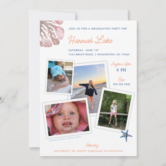 Foto Collage Trendy Beach Afstuderen Invite Kaart (Achterkant)