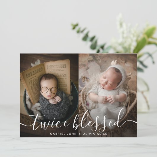 Foto Collage Twice Blessed Overlay Twins Birth Aankondiging (Staand voorkant)