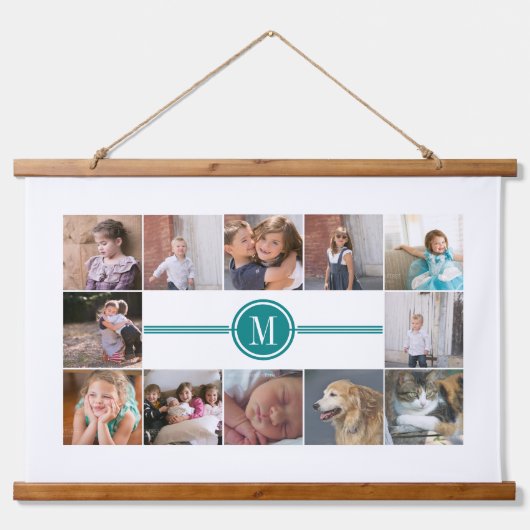 Foto collage van 12 foto's blauwgroen blauw monogr hangend wandkleed (Voorkant)