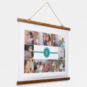 Foto collage van 12 foto's blauwgroen blauw monogr hangend wandkleed (Gebogen)