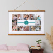 Foto collage van 12 foto's blauwgroen blauw monogr hangend wandkleed (Slaapkamer)