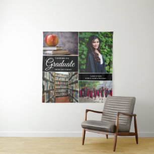 Foto-collage van eindexamenstudent op de middelbar wandkleed