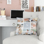 Foto-collage van Fog Gray Kussen<br><div class="desc">Pas dit toe werpen kussen met acht vierkante foto's die in een lay-out van de roostercollage worden geschikt, met uw enig initiaal monogram in mist grijs in het centrumvierkant. De piloot keert aan een subtiel gestippeld diamantpatroon in gelijke grijs en wit om.</div>