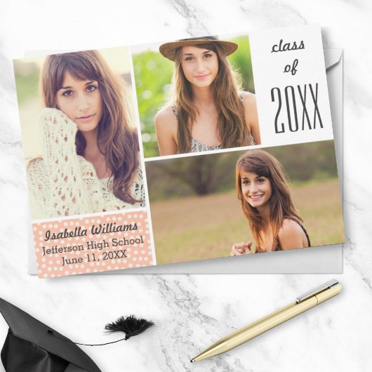 Foto collage van Fun Peach Polka Dot 20XX Afstuder Kaart