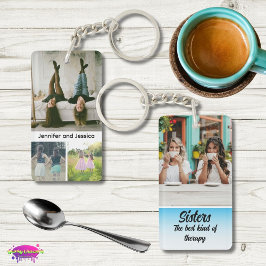 Foto-collage van zusters met namen, beste therapie sleutelhanger