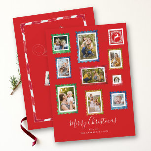 Foto-collage Vintage Postzegels Rood Familie Kerst Feestdagenkaart