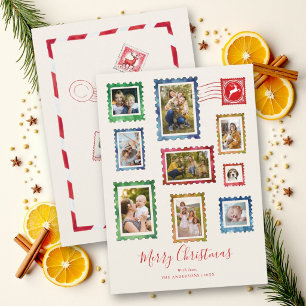 Foto Collage Vintage Postzegels Whimsical Kerstmis Feestdagenkaart