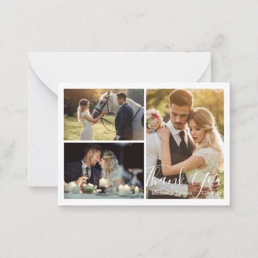 foto collage witte kalligrafie trouwfoto bedankt notitiekaartje (Voorkant)