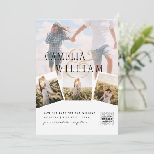 Foto Collage Witte Print of Digitale Trouw Uitnodi Kaart (Staand voorkant)