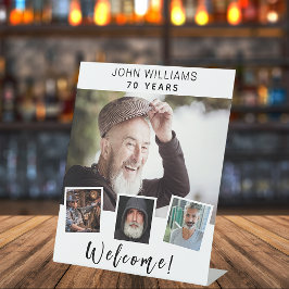 Foto collage witte verjaardagsfeestje, welkom reclamebord met voetstuk