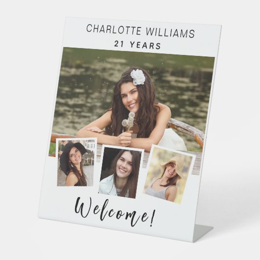 Foto collage witte verjaardagsfeestje, welkom reclamebord met voetstuk (Voorkant)