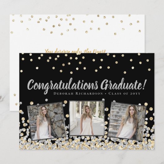 Foto collage zilver goud confetti afstuderen kaart (Voorkant / Achterkant)