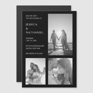 Foto Collage Zwart Modern Huwelijk Save the Date Magnetische Uitnodiging