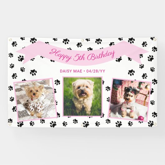 Foto Collage Zwart Paw Prints Roze Pet Verjaardag Spandoek (Horizontaal)