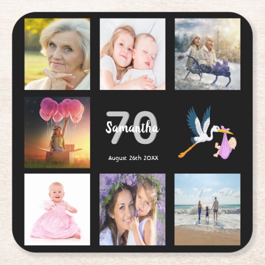 Foto collage zwart voor 70e verjaardagsfeestje kartonnen onderzetters (Voorkant)