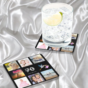 Foto collage zwart voor 70e verjaardagsfeestje kartonnen onderzetters