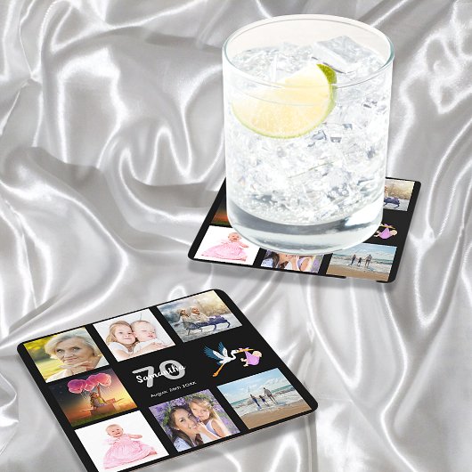 Foto collage zwart voor 70e verjaardagsfeestje kartonnen onderzetters