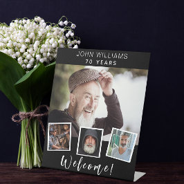 Foto collage zwarte witte verjaardagsfeestje, welk reclamebord met voetstuk