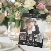 Foto collage zwarte witte verjaardagsfeestje, welk reclamebord met voetstuk