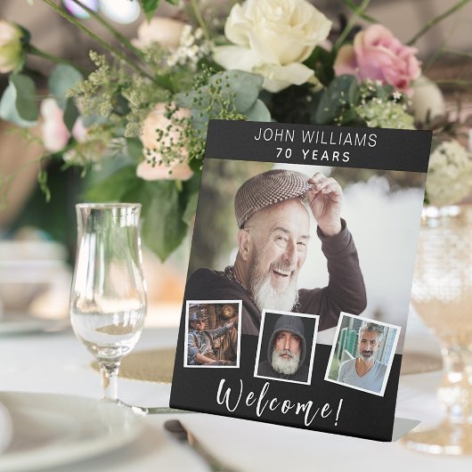 Foto collage zwarte witte verjaardagsfeestje, welk reclamebord met voetstuk