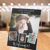 Foto collage zwarte witte verjaardagsfeestje, welk reclamebord met voetstuk