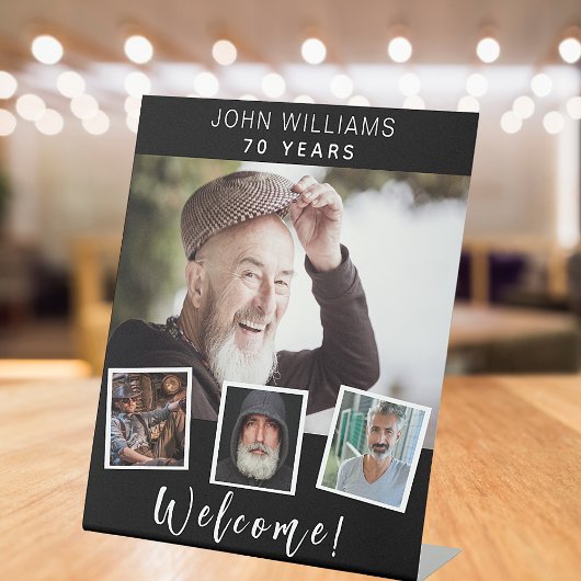 Foto collage zwarte witte verjaardagsfeestje, welk reclamebord met voetstuk