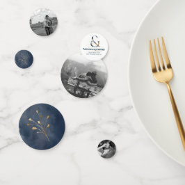 Foto confetti bruiloft marine en gouden tafel deco