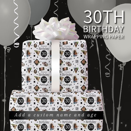 Foto Confetti Naam 30th Verjaardag Wrapping Papier