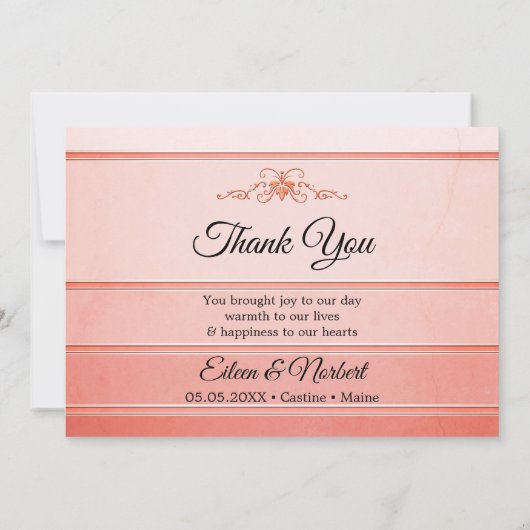 Foto Coral Roze Gestreepte bruiloft Dank u kaart (Achterkant)