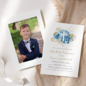 Foto Cross Blue Goud Bloemen Eerste Communie Kaart