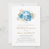 Foto Cross Blue Goud Bloemen Eerste Communie Kaart (Voorkant)