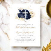 Foto Cross Navy Blauw Goud Bloemen Eerste Communie Kaart
