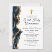 Foto Cross Navy Blauw Goud Eerste Communie Kaart (Voorkant)