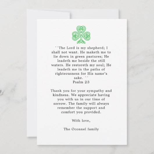Foto Cross Shamrock Green Pastures begrafenisgebed Bedankkaart (Achterkant)