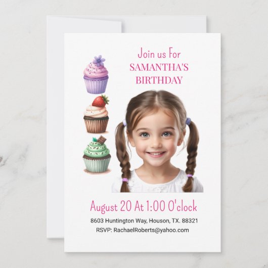 Foto Cupcake Roze Meisje Verjaardag uitnodiging (Voorkant)