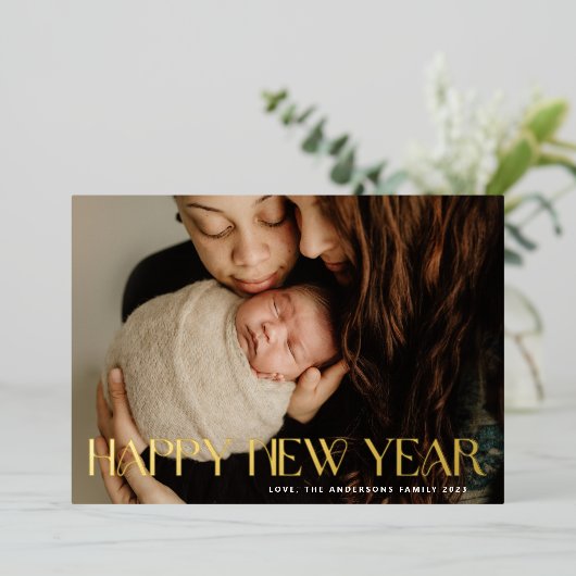 Foto Custom GOLD HAPPY NIEUWJAAR 2026 Folie Feestdagenkaart (Staand Voorkant)