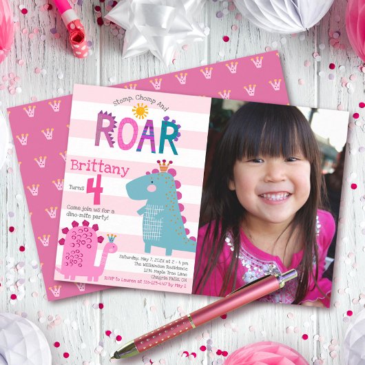 Foto: Cute Dinosaur Stomp Chomp Roar Girl Birthday Kaart