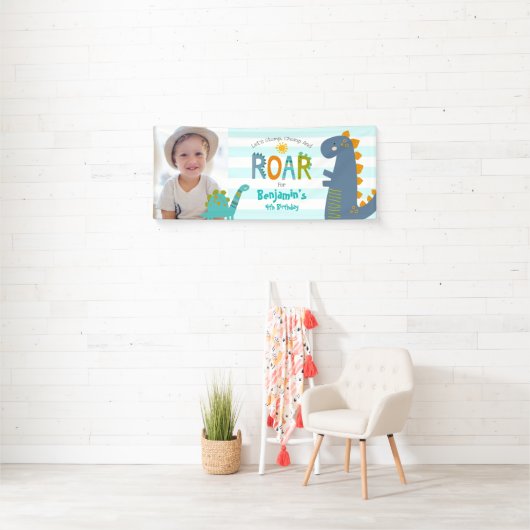Foto Cute Dinosaurs Stomp Chomp Roar Boy Birthday Spandoek (Insitu)