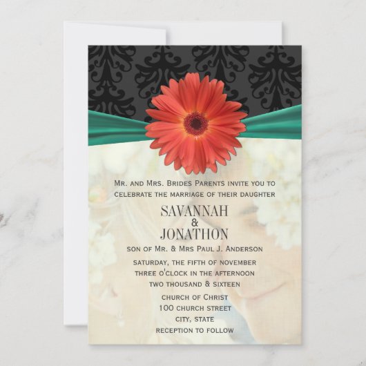 Foto  Damask Emerald Gerber Daisy Wedding Kaart (Voorkant)