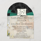 Foto  Damask Emerald Green Black Wedding Kaart (Voorkant / Achterkant)