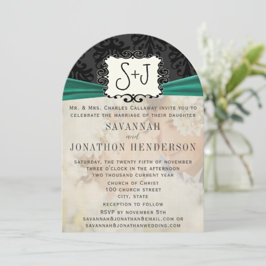 Foto  Damask Emerald Green Black Wedding Kaart (Staand voorkant)