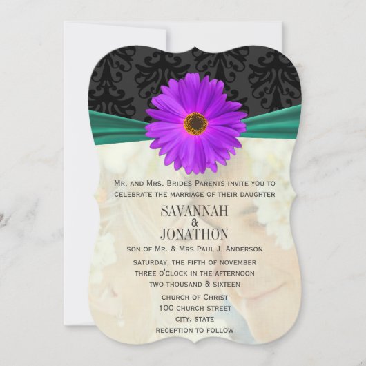 Foto Damask Emerald Paars Gerber Wedding Kaart (Voorkant)