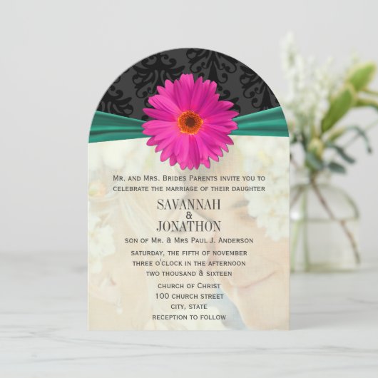 Foto  Damask Emerald Pink Gerber Wedding Kaart (Staand voorkant)