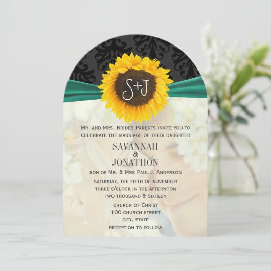 Foto Damask Emerald Sunflower Wedding Kaart (Staand voorkant)