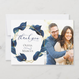 Foto Dank Je Modern Diep Indigo Blauw en Goud Bedankkaart