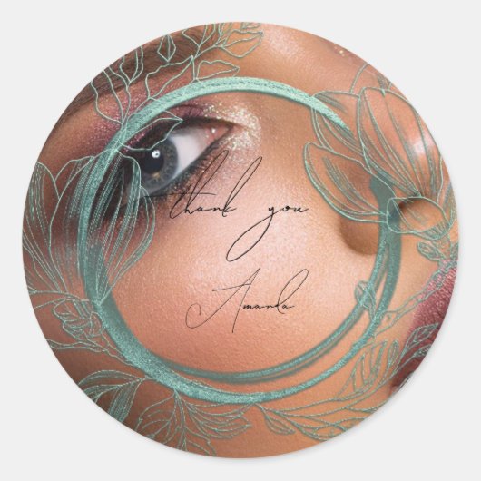 Foto Dank Je Naam Magnolia Bloem Frame Teal Ronde Sticker (Voorkant)